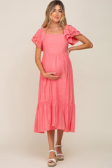 Coral Flutter Sleeve Maternity Midi Dress