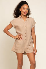 Taupe Gauze Button Up Front Pocket Maternity Romper