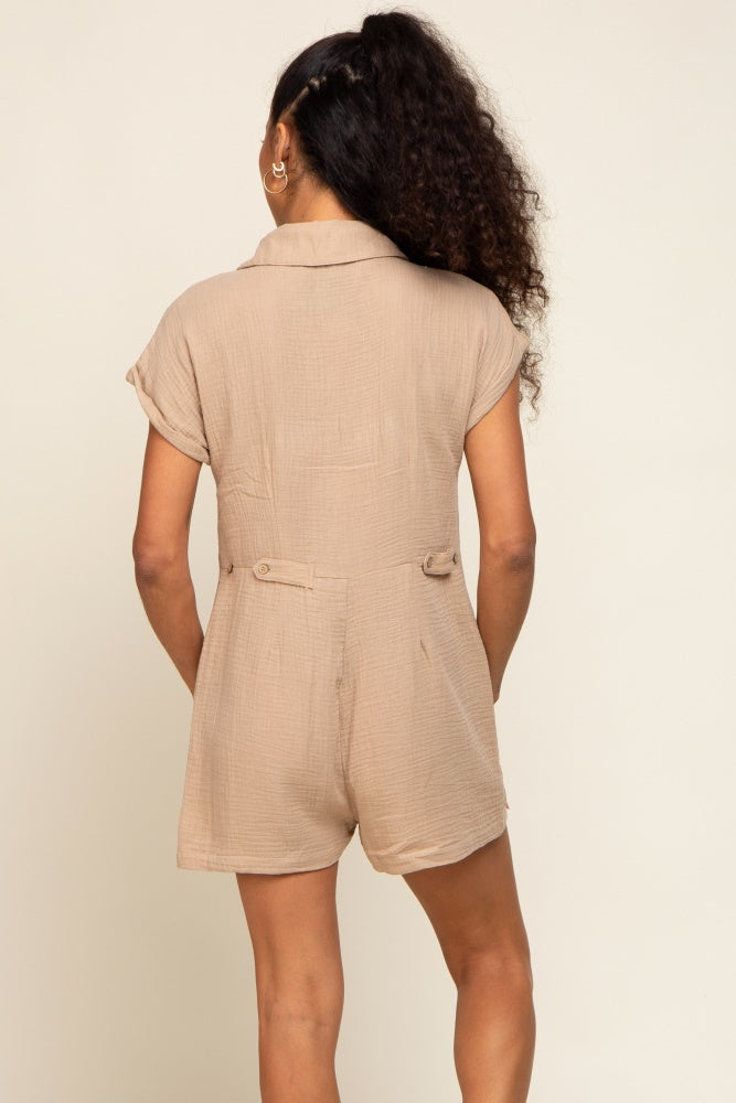Taupe Gauze Button Up Front Pocket Romper