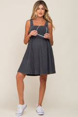 Black Smocked Square Neck Denim Maternity Dress