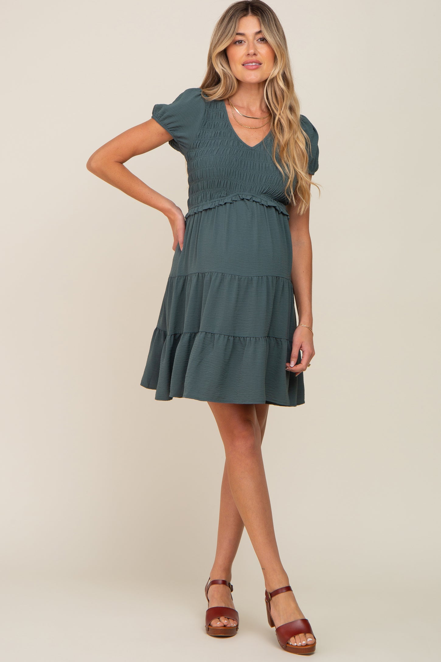 Forest Green Smocked Tiered Maternity Mini Dress