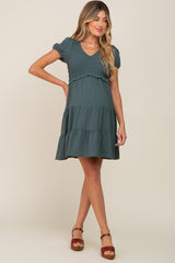 Forest Green Smocked Tiered Maternity Mini Dress