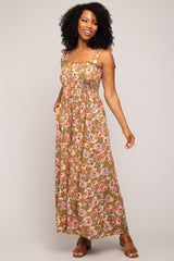 Olive Floral Smocked Shoulder Tie Tiered Maxi Dress