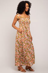 Olive Floral Smocked Shoulder Tie Tiered Maxi Dress