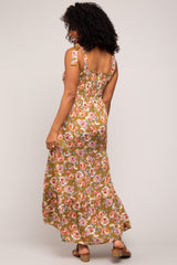 Olive Floral Smocked Shoulder Tie Tiered Maxi Dress