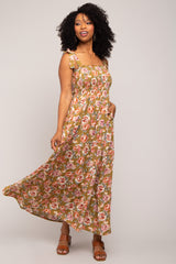 Olive Floral Smocked Shoulder Tie Tiered Maxi Dress