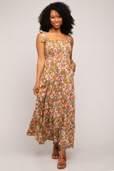 Olive Floral Smocked Shoulder Tie Tiered Maxi Dress