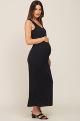 Black Sleeveless Ribbed Maternity Maxi Dress