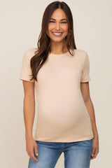 Beige Ribbed Short Sleeve Maternity Top