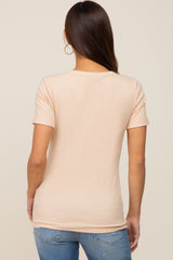 Beige Ribbed Short Sleeve Maternity Top