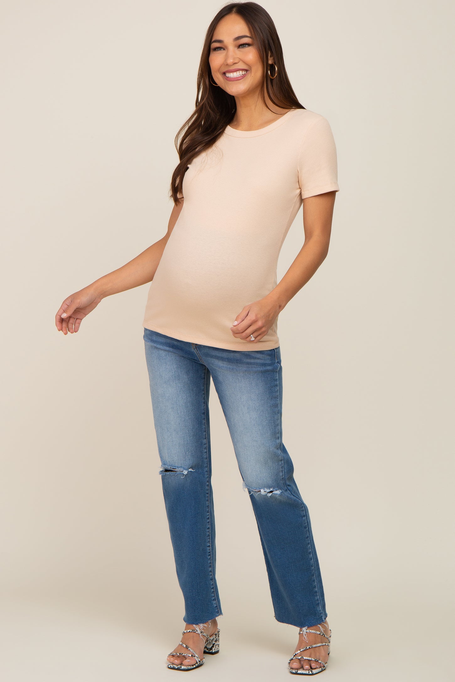 Beige Ribbed Short Sleeve Maternity Top
