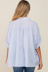 Light Blue Striped Button-Down Dolman Short Sleeve Maternity Top