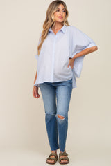 Light Blue Striped Button-Down Dolman Short Sleeve Maternity Top