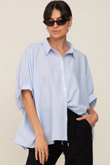 Light Blue Striped Button-Down Dolman Short Sleeve Maternity Top