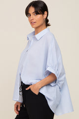 Light Blue Striped Button-Down Dolman Short Sleeve Top