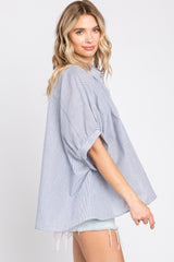 Navy Blue Striped Button-Down Dolman Short Sleeve Top