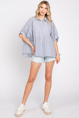 Navy Blue Striped Button-Down Dolman Short Sleeve Top