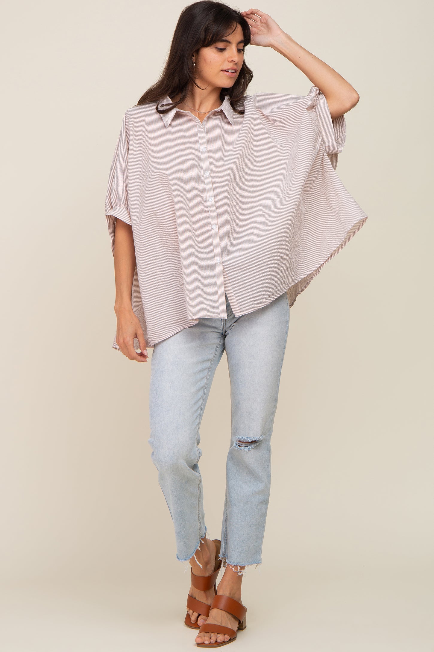 Taupe Striped Button-Down Dolman Short Sleeve Top