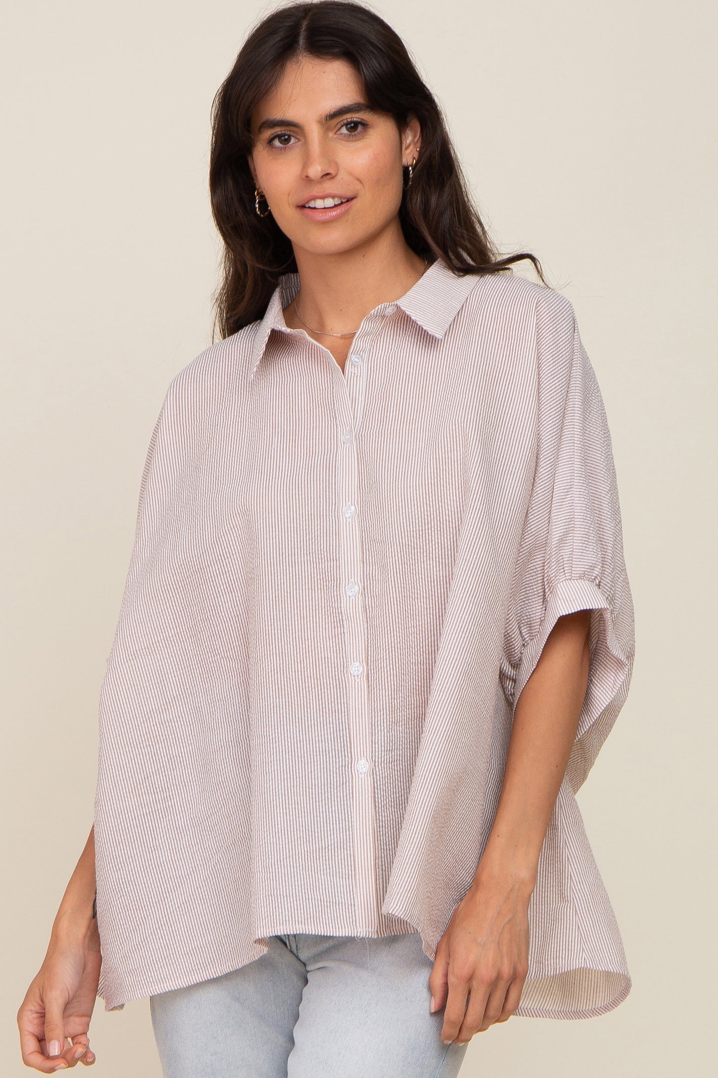 Taupe Striped Button-Down Dolman Short Sleeve Top
