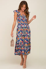 Royal Floral Sleeveless Ruffle Maxi Dress