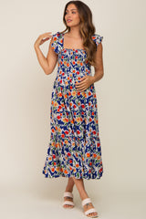 Royal Floral Sleeveless Ruffle Maternity Maxi Dress