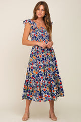 Royal Floral Sleeveless Ruffle Maxi Dress