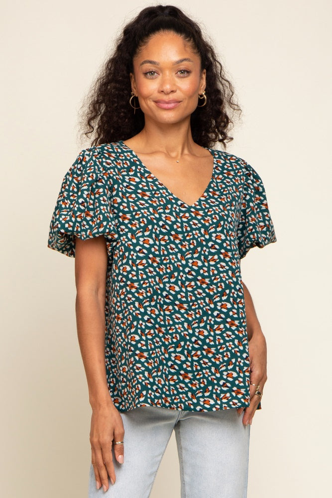 Forest Green Animal Print Puff Sleeve Top