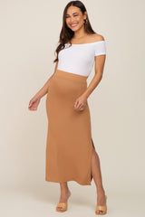 Beige Ribbed Side Slit Maternity Midi Skirt