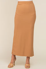 Beige Ribbed Side Slit Midi Skirt