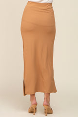 Beige Ribbed Side Slit Midi Skirt