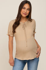 Beige Ruffle Accent Tie Front Maternity Blouse