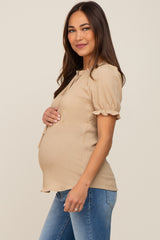 Beige Ruffle Accent Tie Front Maternity Blouse