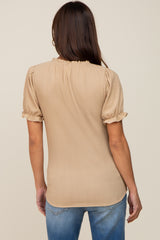 Beige Ruffle Accent Tie Front Maternity Blouse