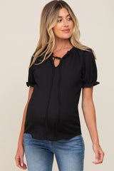 Black Ruffle Accent Tie Front Maternity Blouse