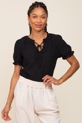 Black Ruffle Accent Tie Front Blouse