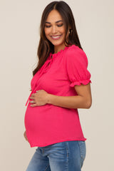 Fuchsia Ruffle Accent Tie Front Maternity Blouse