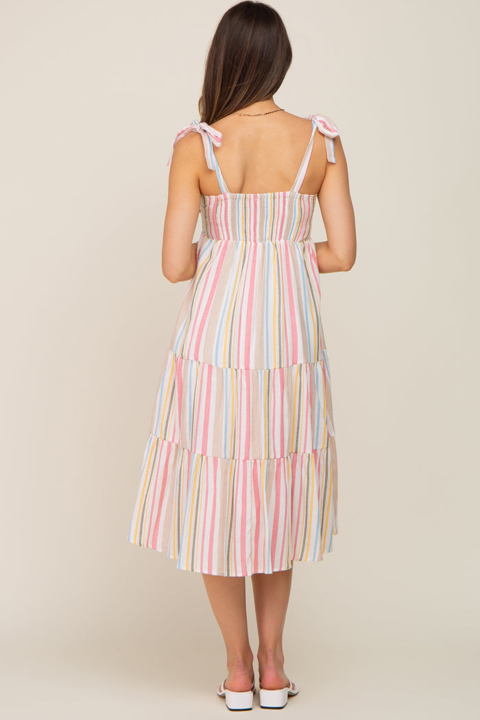 Pink Striped Shoulder Tie Tiered Maternity Midi Dress