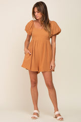 Camel Puff Sleeve Romper