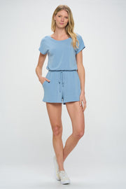 Blue French Terry Short Dolman Sleeves Knit Romper