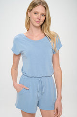 Blue French Terry Short Dolman Sleeves Knit Romper