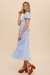 Dusty Blue Floral Print V Neck Maxi Dress