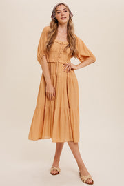 Mustard Ruffle Front Tie Tiered Maxi Dress