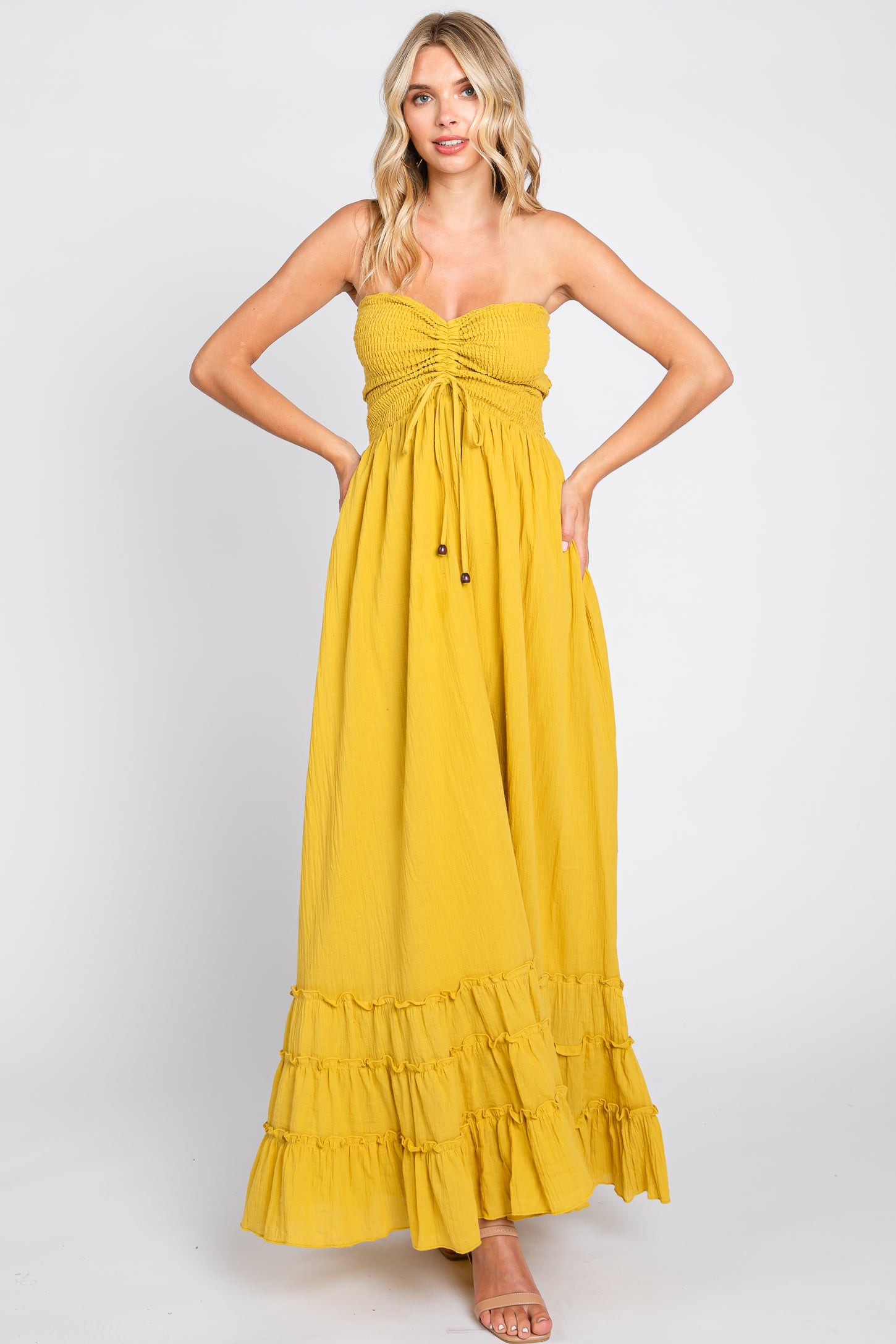 Yellow Smocked Cutout Back Maternity Maxi Dress