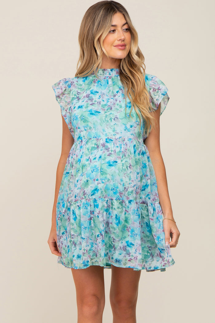 Blue Floral Chiffon Tiered Maternity Dress