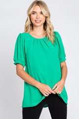 Green Puff Sleeve Smocked Accent Maternity Top