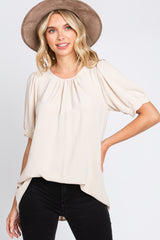 Beige Puff Sleeve Smocked Accent Top