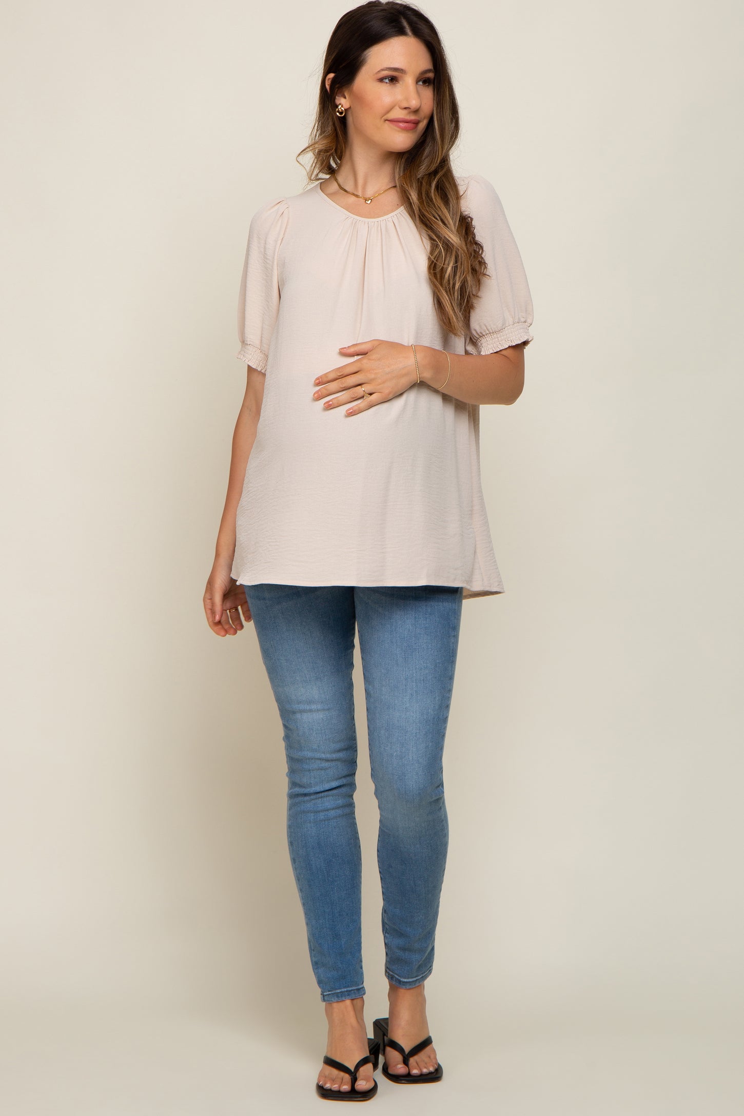 Beige Puff Sleeve Smocked Accent Maternity Top