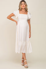Cream Flutter Sleeve Maternity Midi Dress
