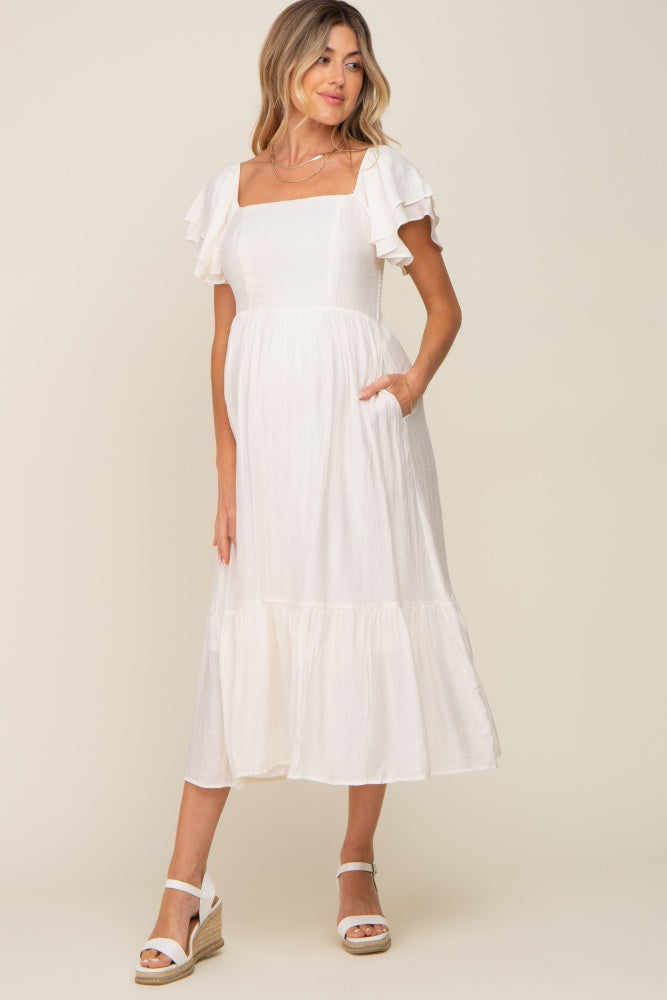 Cream Flutter Sleeve Maternity Midi Dress