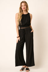 Black Crinkle Gauze Tank Top And Pants Set